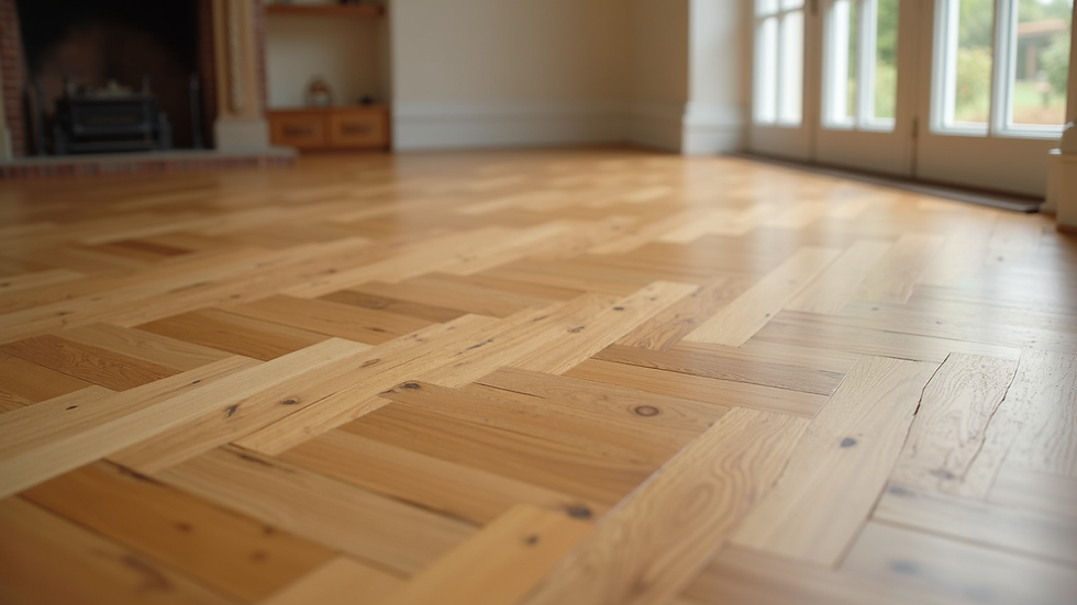 Close-up view of a freshly varnished wooden parquet floor