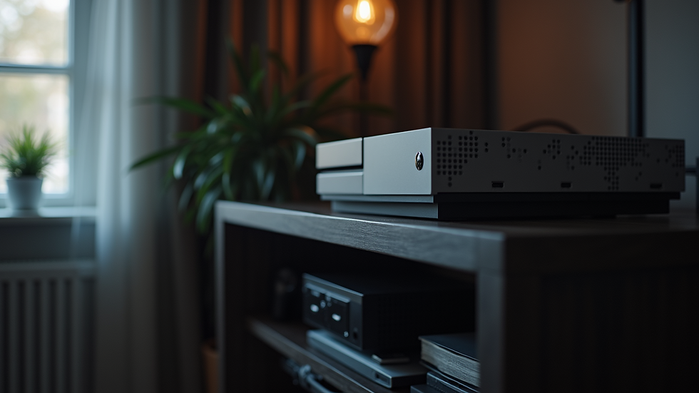 Eye-level view of a gaming console on a shelf