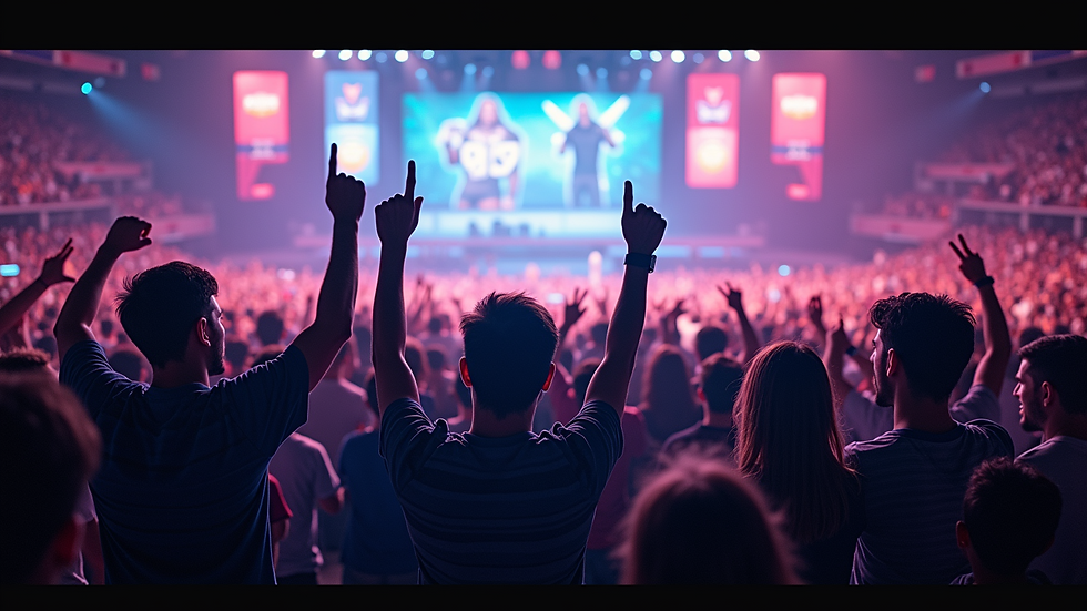 Eye-level view of a vibrant eSports arena filled with enthusiastic fans