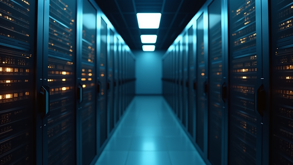 High angle view of a server room with blinking lights