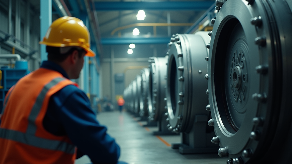 Eye-level view of engineer inspecting industrial pressure vessel
