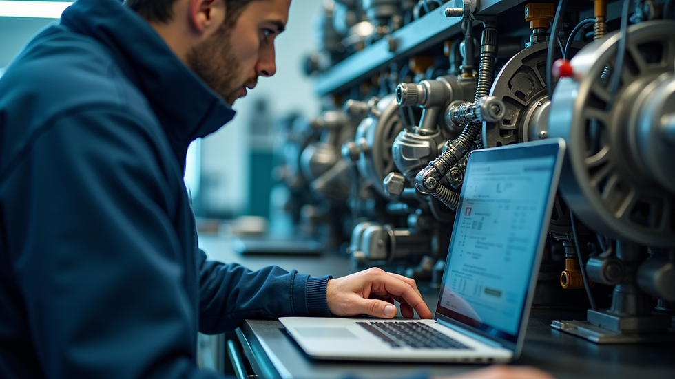 Eye-level view of a technician analyzing mechanical equipment with digital tools