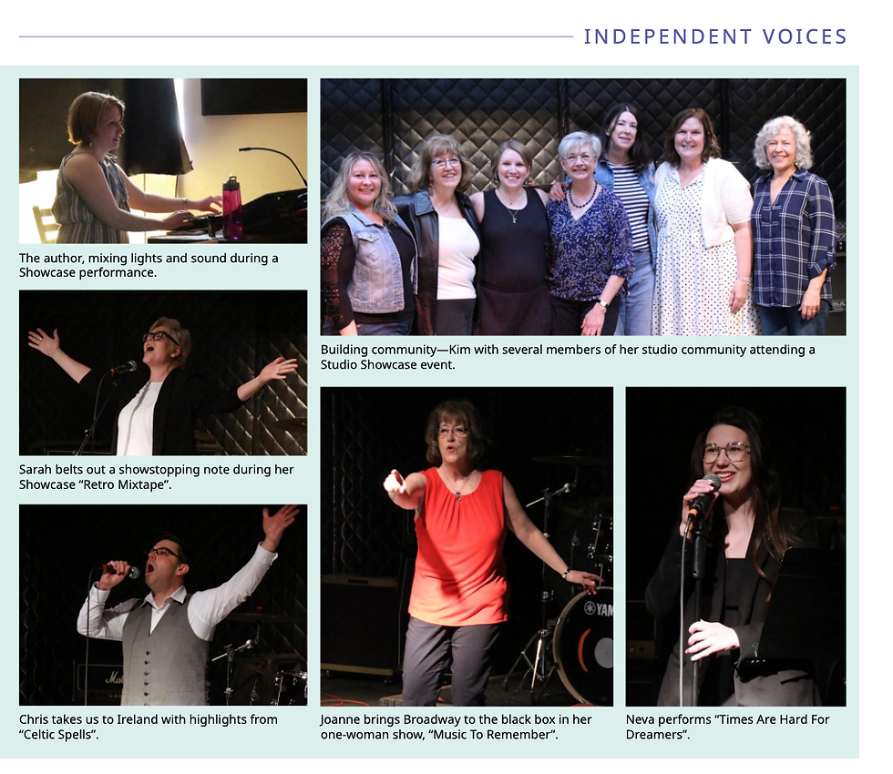 Women and men performing in a Showcase event. Highlights include singing, Broadway acts, and mixing lights. Text: Independent Voices.