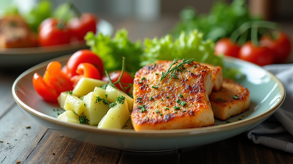 Eye-level view of a colorful plate filled with fresh vegetables and lean protein