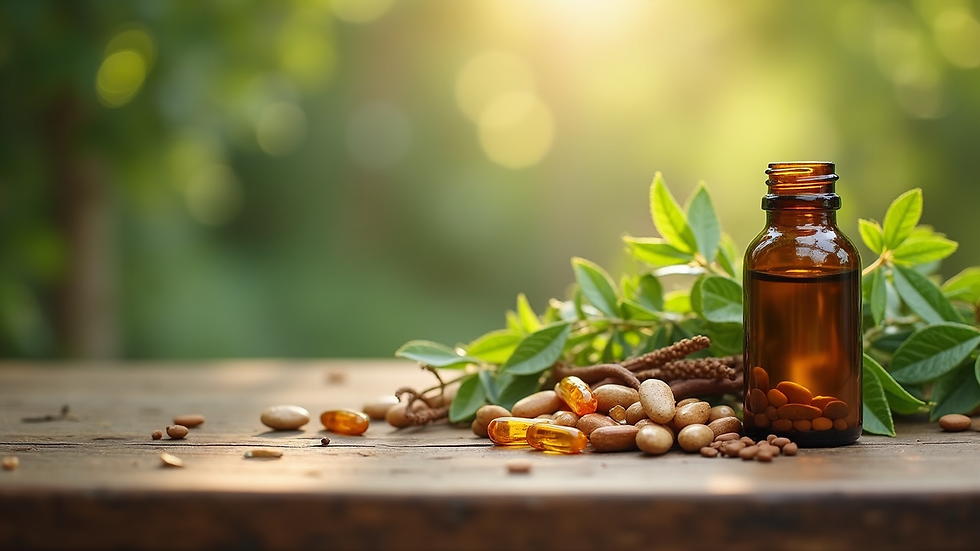 Eye-level view of a wooden table with various natural supplements and herbs