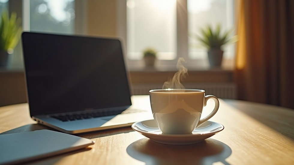 Eye-level view of a cozy home office setup with a laptop and a cup of tea