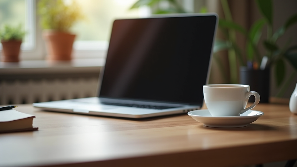 Eye-level view of a cozy home office setup with a laptop and a cup of tea
