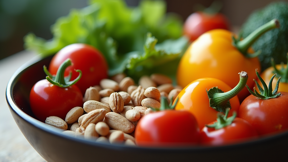Close-up view of a colorful bowl of fresh vegetables and nuts