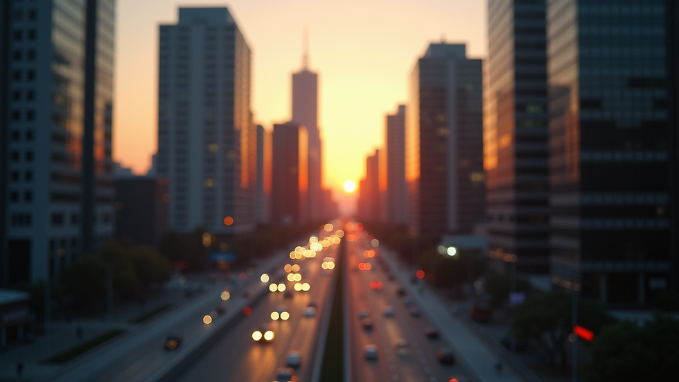 Eye-level view of a cityscape in the evening