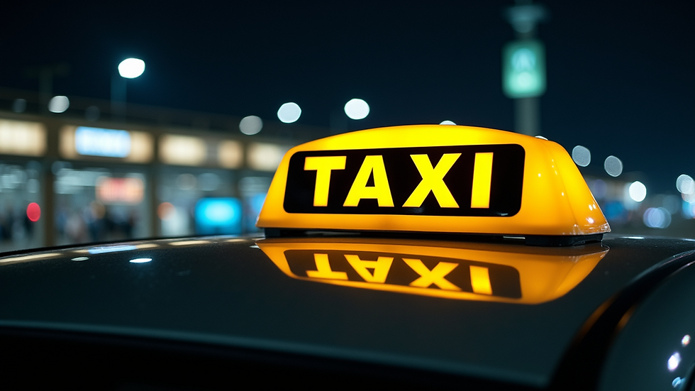 Close-up view of a taxi sign illuminated at night outside an airport