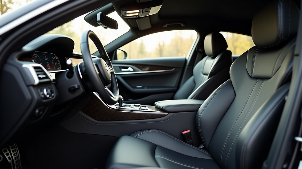 Eye-level view of a luxury car interior with spacious leather seats