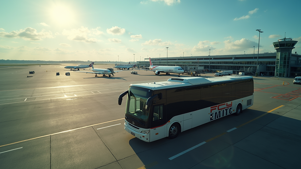 High angle view of a city bus pulling up to an airport terminal
