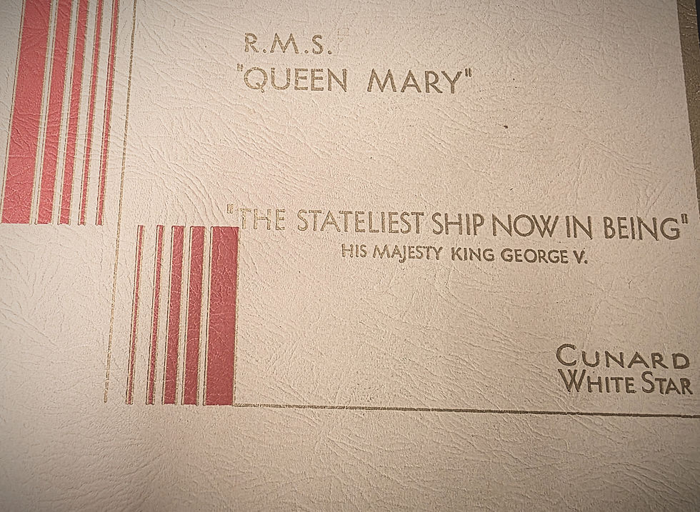 Vintage Cunard White Star poster with beige textured background, red stripes, and text: R.M.S. Queen Mary, stateliest ship.