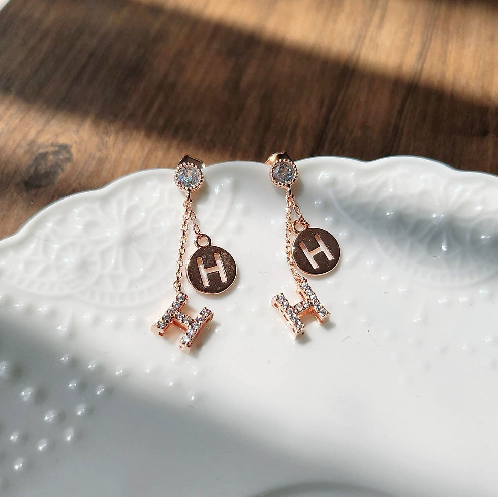 Thumbnail: CRYSTAL LETTER H + DANGLE CHARM LONG CHAIN EARRINGS