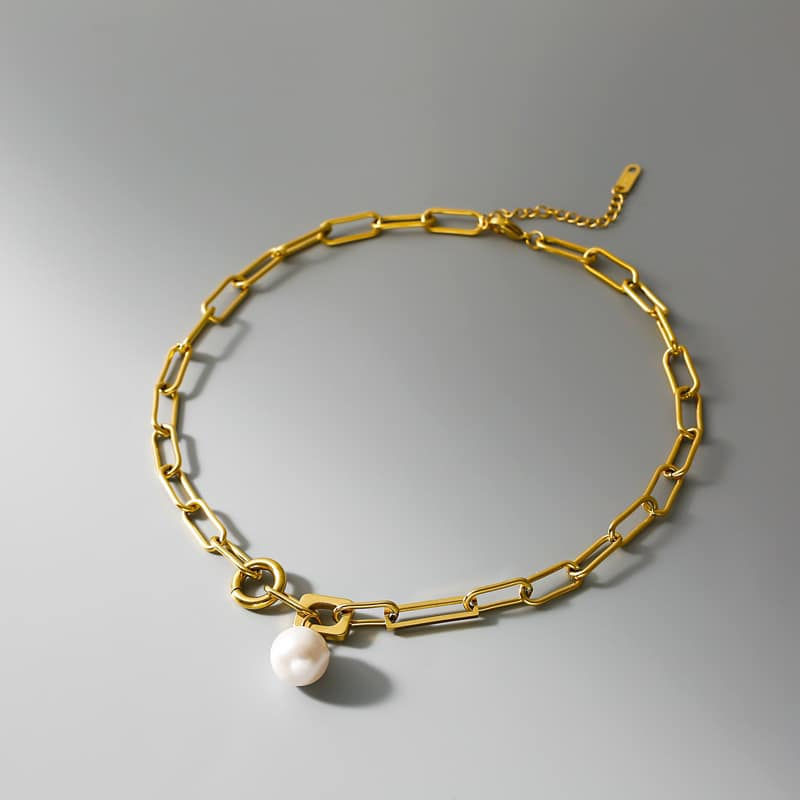 Thumbnail: PEARL PENDANT LINK-CHAIN NECKLACE –Gold Tone