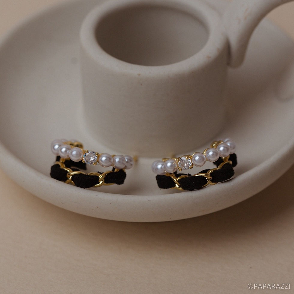 Thumbnail: BLACK VELVET + PEARL DOUBLE ROW C HOOP EARRINGS 