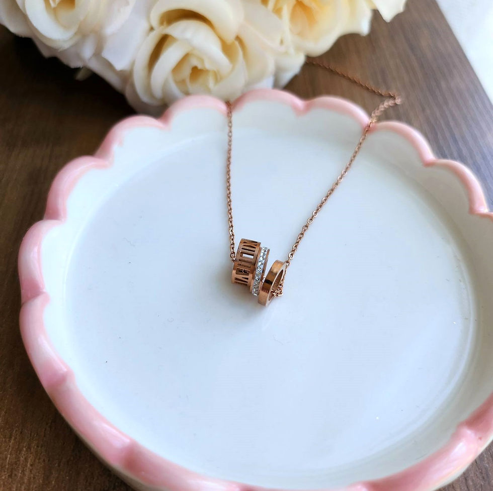 Thumbnail: ROMAN NUMERALS + CRYSTAL THREE-RING PENDANT NECKLACE – Rose Gold Tone 