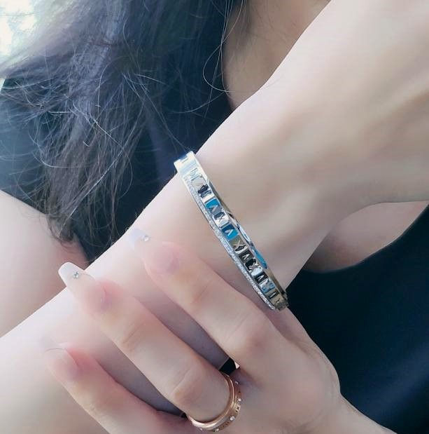 Thumbnail: ROMAN NUMERALS IN SOLID GEOMETRY CRYSTAL BANGLE - SILVER TONE