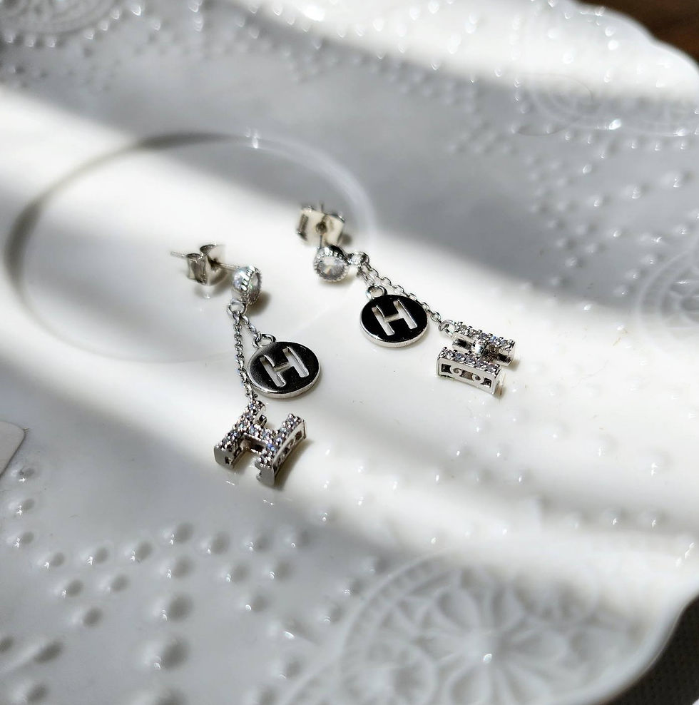 Thumbnail: CRYSTAL LETTER H + DANGLE CHARM LONG CHAIN EARRINGS