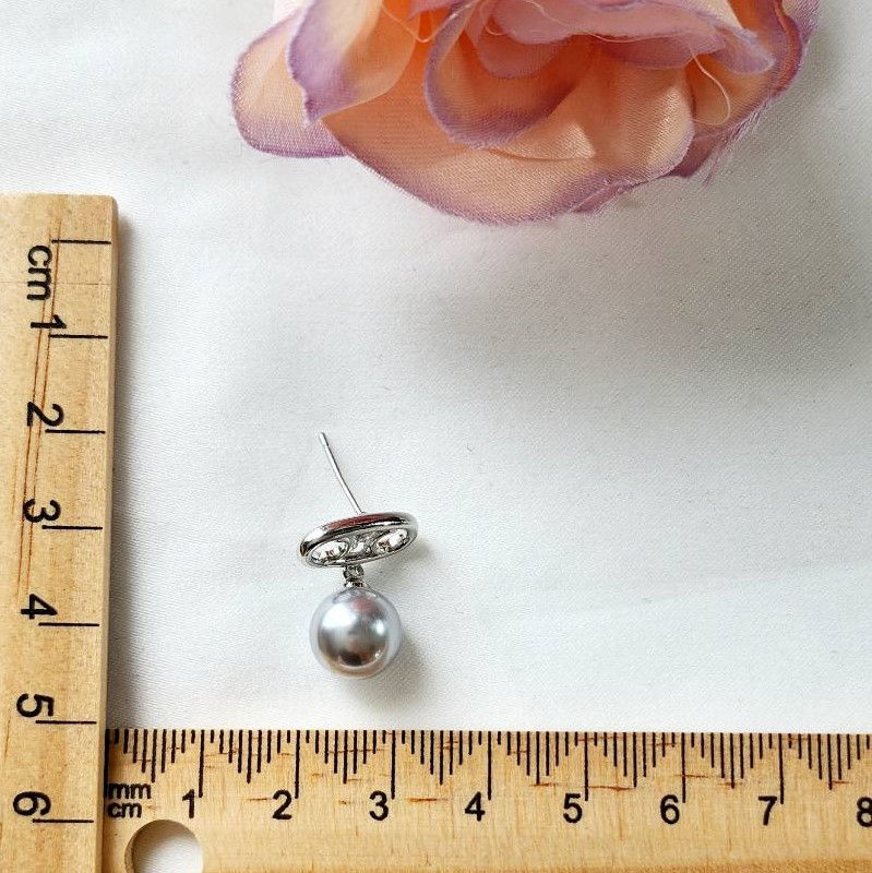 Thumbnail: TRENDY LOGO + GREY PEARL DANGLE EARRINGS
