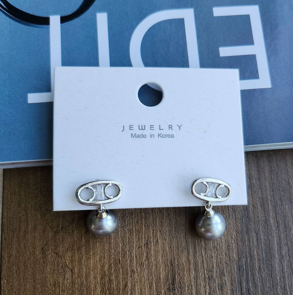 Thumbnail: TRENDY LOGO + GREY PEARL DANGLE EARRINGS