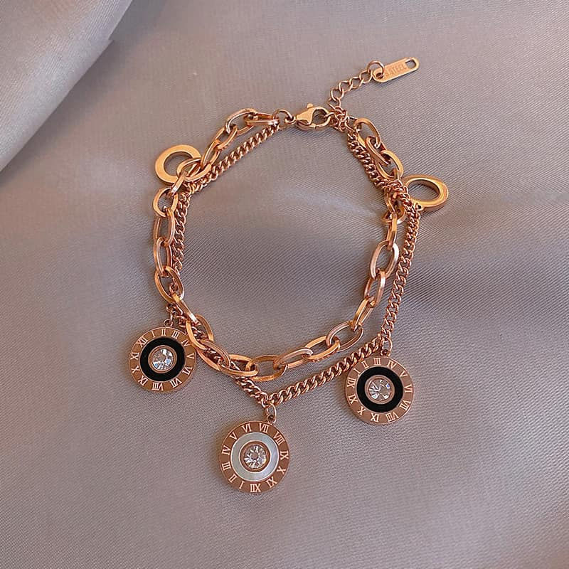 Thumbnail: BLACK & WHITE IN ROMAN NUMERALS CRYSTAL LAYERED MULTI-CHAIN BRACELET 