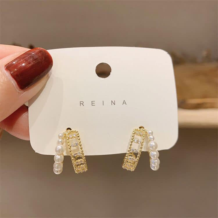 Thumbnail: PEARL+CRYSTAL DOUBLE ROW C HOOP EARRINGS - Gold Tone
