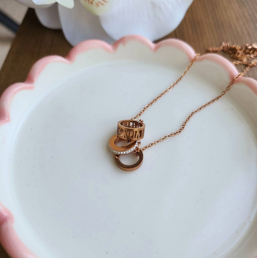 Thumbnail: ROMAN NUMERALS + CRYSTAL THREE-RING PENDANT NECKLACE – Rose Gold Tone 