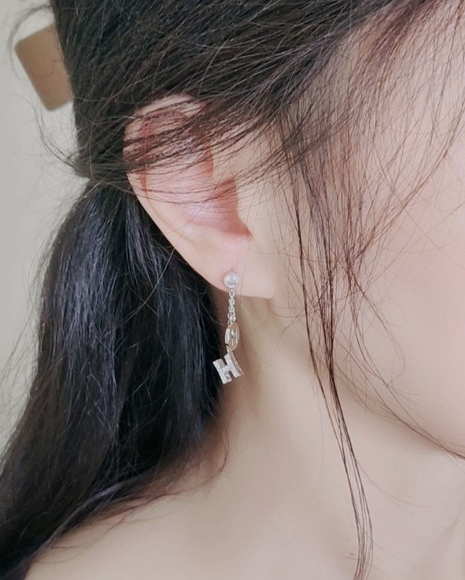 Thumbnail: CRYSTAL LETTER H + DANGLE CHARM LONG CHAIN EARRINGS