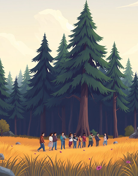 A cartoonish image of a forest with a group of people in a field.jpg