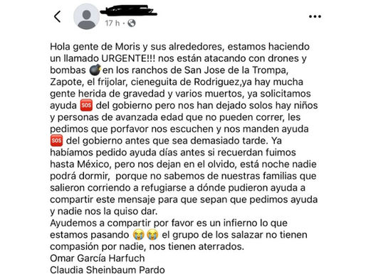 Ataques con drones en Moris; pobladores piden apoyo urgente a García Harfuch