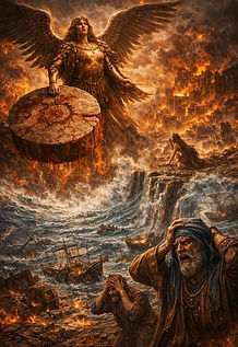 Mighty angel casting a millstone into the sea symbolizing the destruction of Babylon the Great in Revelation 18:21