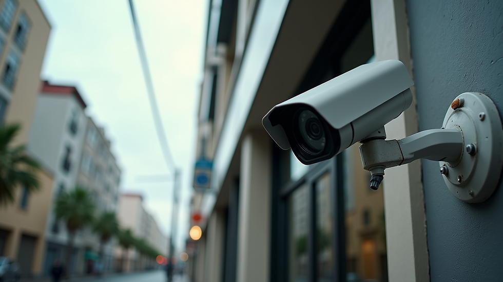 High angle view of security cameras installed on commercial building exterior