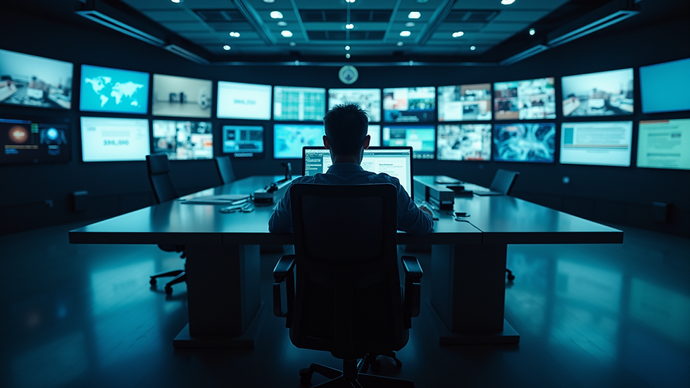 High angle view of a modern security monitoring station with multiple screens