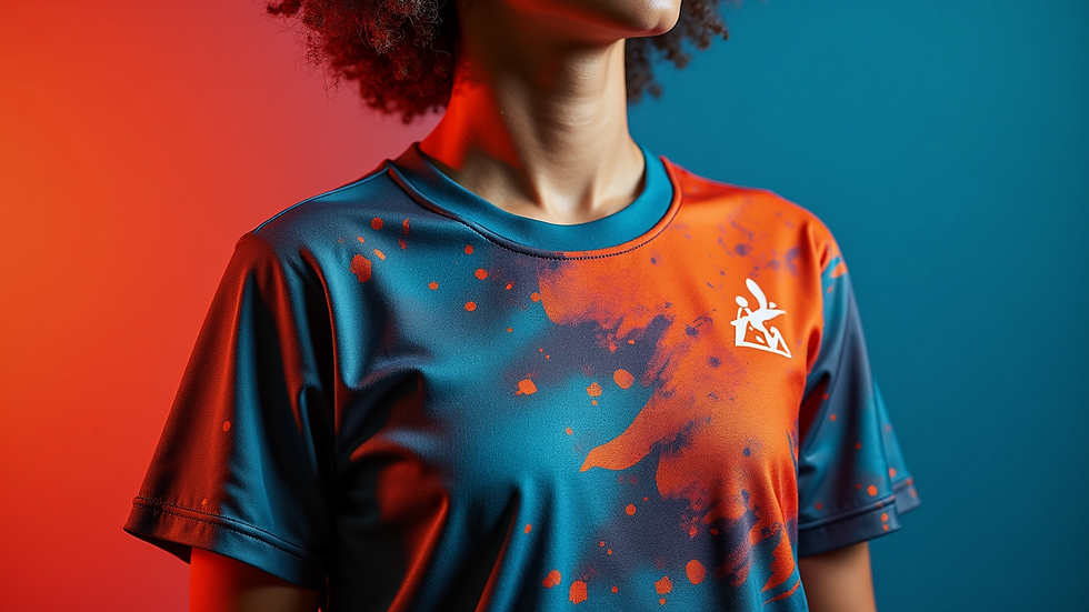 Close-up view of a custom sublimated dart shirt with vibrant colors