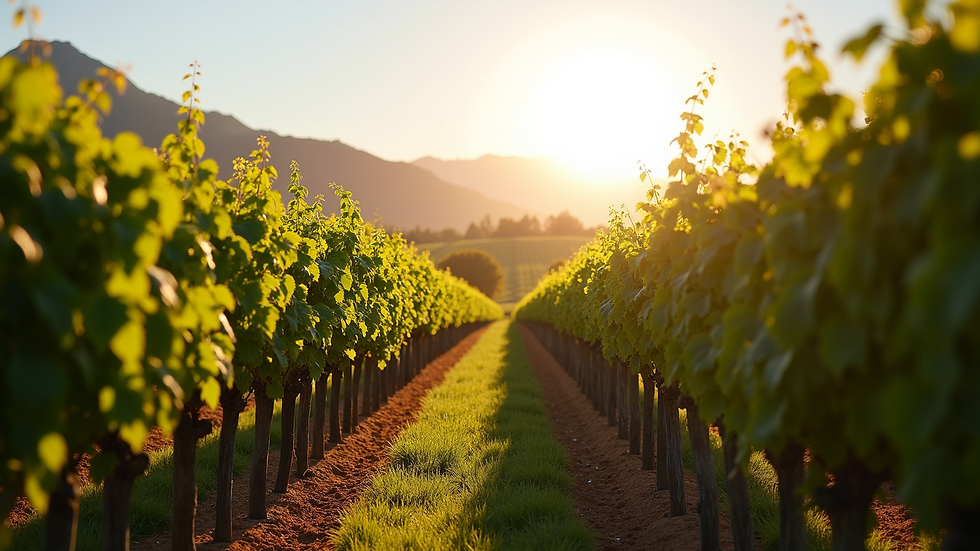 Wide angle view of vineyard rows at a Stellenbosch wine estate