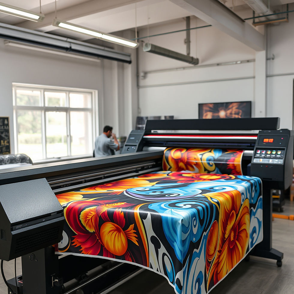 a big sublimation printer busy applying the design and dye on to fabric