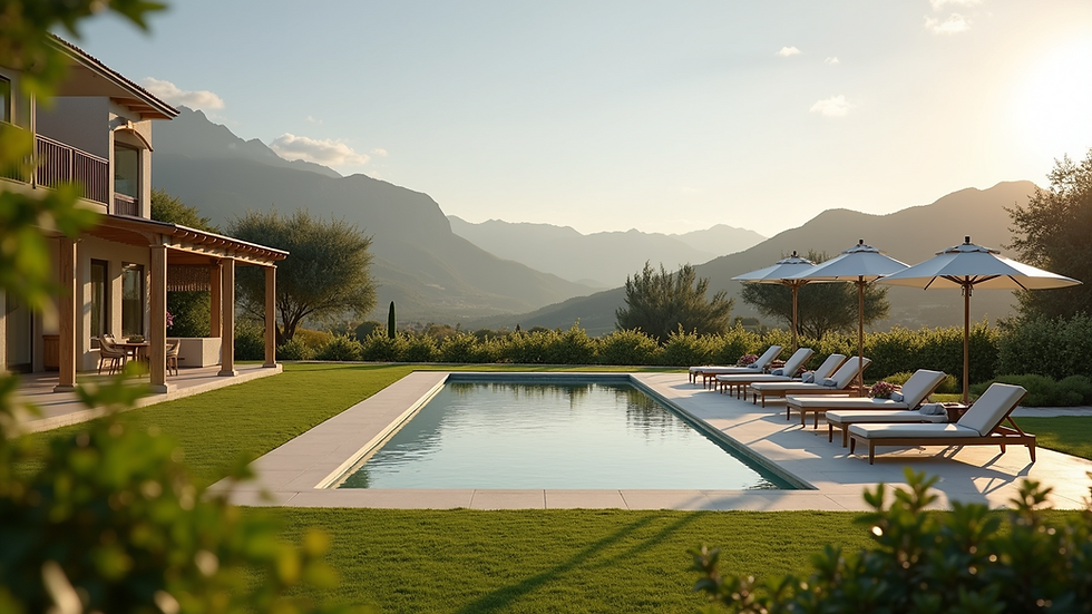 Wide angle view of a luxury vineyard estate with a pool and mountain backdrop