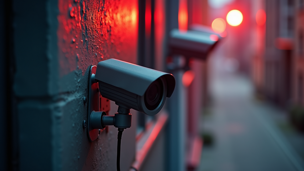 High angle view of CCTV camera mounted on building exterior