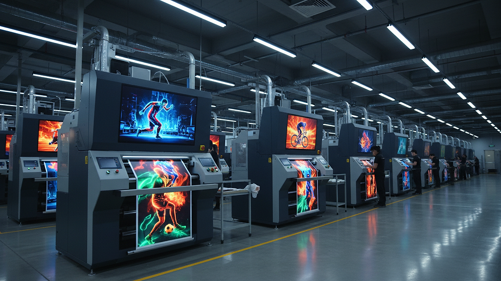 Eye-level view of a sportswear manufacturing facility with sublimation printing machines