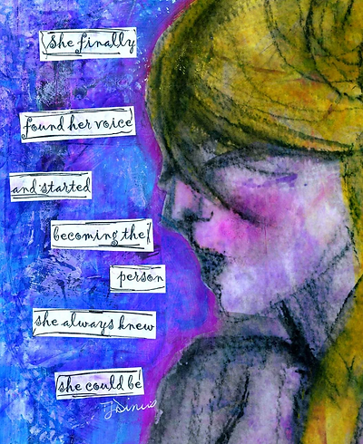 mixed media artwork purple with blonde girl written words she finally found her voice and started becoming the person she always knew she could be