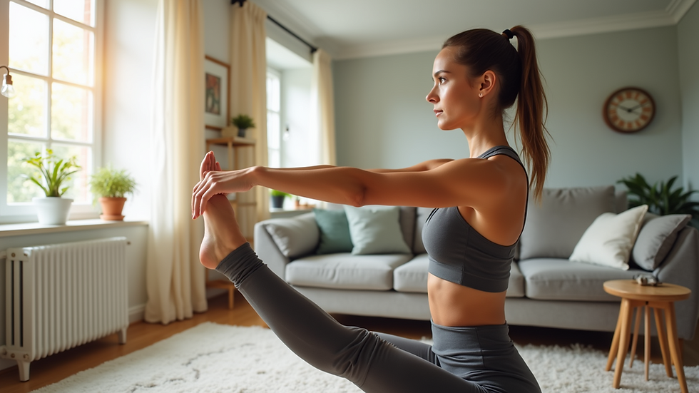 High angle view of a woman stretching in a bright living room
