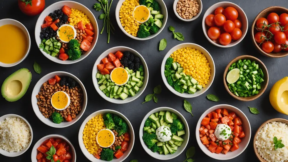 Eye-level view of a colorful and nutritious meal preparation