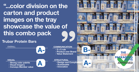 Trubar Protein Bars Costco combo pack feature pallet with blue and white packaging in tray display