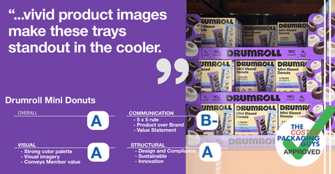 Drumroll Mini Glazed Donuts Costco cooler tray display with vivid product imagery and purple packaging