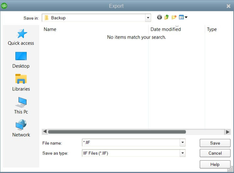 QuickBooks Export File Save dialog