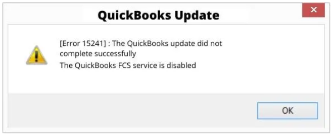 QuickBooks error 15241 is displayed. This error code relates to issues with the QuickBooks payroll update service. It may indicate that the QuickBooks Desktop File Copy Service (FCS) is disabled. Resolving this error involves enabling the FCS and reattempting the payroll update process.