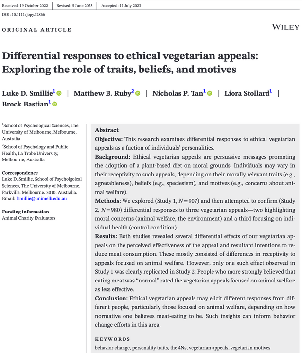 Differential responses to ethical vegetarian appeals: Exploring the role of traits, beliefs, and motives