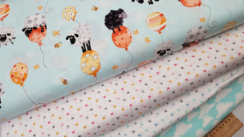 Thumbnail: Susybee, sheep fabric, Balloons on Aqua 100% cotton fabric