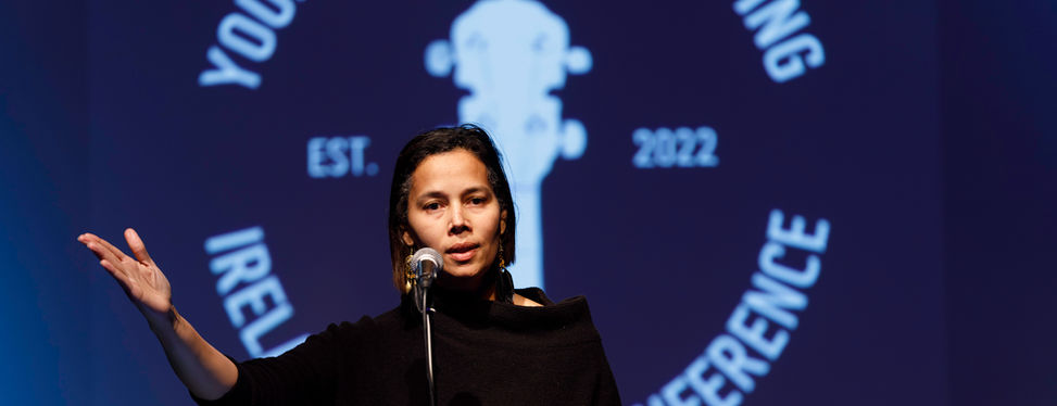 Rhiannon Giddens delivering the 2025 Keynote Address.